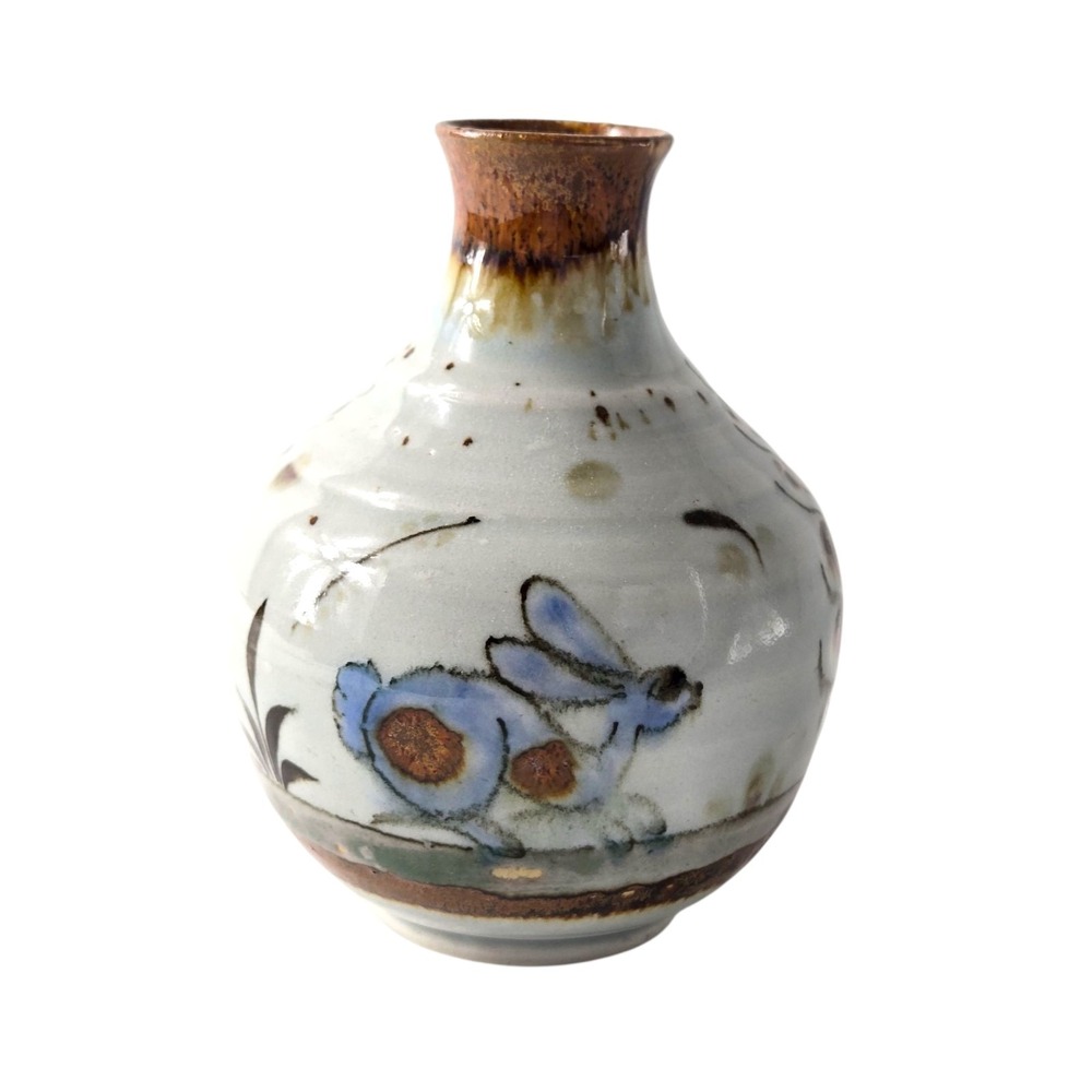 Vintage Ken Edwards Pottery Vase Tonala Butterfly Flowers Bunny Rabbit Sign 5.5"
